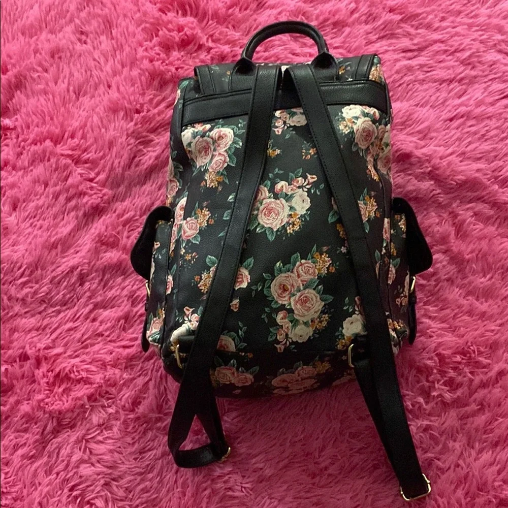 Floral Canvas Drawstring Backpack - Black with Pink Roses